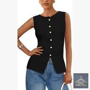 Sleeveless Knit Vest Button Down Crewneck Lightweight Summer Tank Top